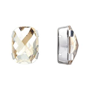 Spacer bar, crystal and silver-plated brass, Crystal Passions&reg;, crystal golden shadow, foil back, 18x13mm double-drilled single-stone faceted rounded rectangle, 8mm between holes. Sold individually.