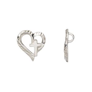 Slide, sterling silver, 15.5x14mm diamond-cut open heart with cross and 2 hidden loops. Sold individually.