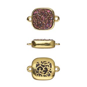 Link, Druzylite&trade;, "druzy" (resin) and gold-finished brass, metallic purple, 11.5mm two-sided square with open filigree back. Sold per pkg of 4.