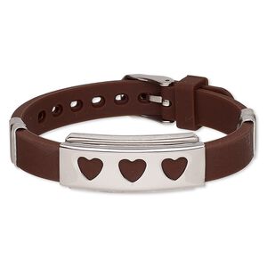 Bracelet, Softique&trade;, silicone and stainless steel, brown, 16mm wide with 39x16mm rectangle and cutout hearts, adjustable from 5-1/2 to 7-1/2 inches with buckle-style closure. Sold individually.