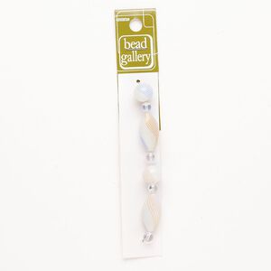 Bead 1pkg4 handblown glass, 25x13mm puffed oval / 11-12mm round / line design, assortment translucent white / multicolored