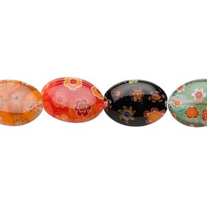 Bead, millefiori glass, multicolored, 14x10mm flat oval. Sold per 15-1/2" to 16" strand.