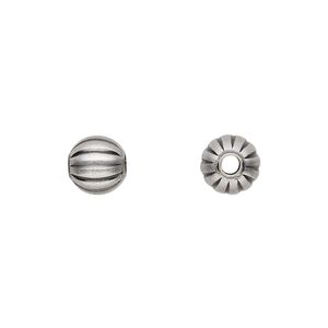 Bead 1pkg100 silver-plated, 8mm corrugated round, brass antique