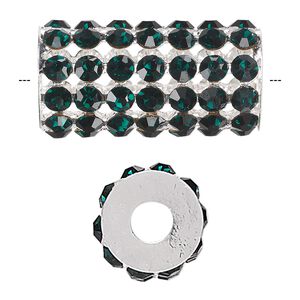 Bead 1pkg1 silver-finished, 32x15mm cylinder / 4mm chatons, brass / emerald green rhinestone
