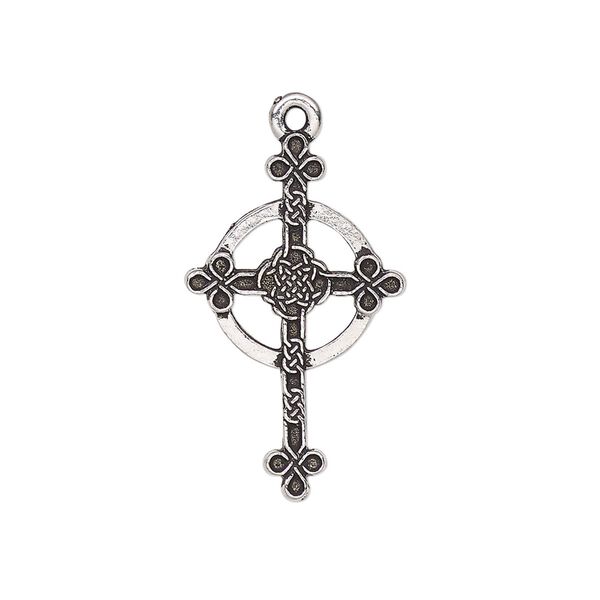 Drop, TierraCast&reg;, antique silver-plated pewter, 27x16mm double-sided Celtic knot halo cross. Sold per pkg of 20. image number 0