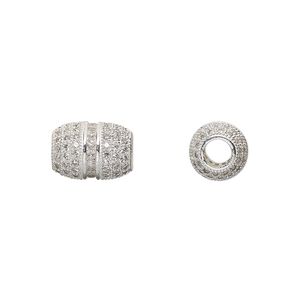 Bead 1pkg1 silver-finished, 12x8.5mm barrel, brass / clear rhinestone