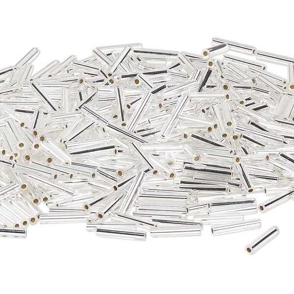 Bead, Miyuki, bugle bead, glass, pkg/250 g, 12x2.4mm center-drilled, silver-lined translucent crystal clear, silver, (RBU-0001). image number 0