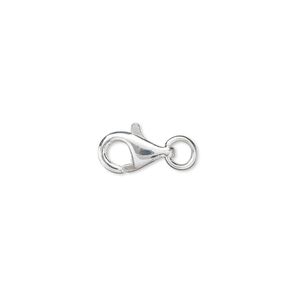 Clasp lobster claw 1pkg10 silver-plated, 9x6mm, brass 1-strand