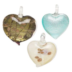 Random mix, lampworked glass, opaque to transparent mixed colors, 32x28mm-55x50mm heart with silver-colored foil and copper-colored glitter. Sold per pkg of 3.