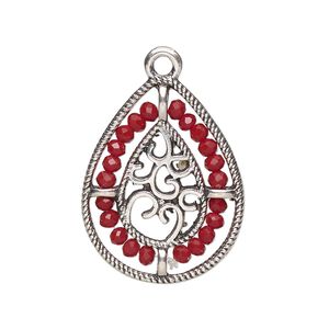 Drop, antique silver-finished "pewter" (zinc-based alloy), dark red, 27.5 x 21.5mm teardrop with hearts and beaded border. Sold per pkg of 2.