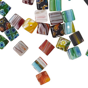 Bead mix, millefiori glass, translucent and transparent multicolored, 5-7mm cube. Sold per 2-ounce pkg, approximately 120 beads.