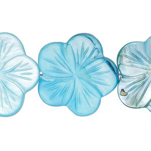 Mother-of-pearl shell 1pkg1, carved flat flower bead 15 inch dark aqua blue 24x23mm-26x25mm
