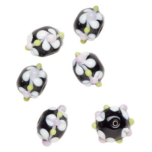 Bead, lampworked glass 1pkg6, opaque black / white / green, 20x13mm rondelle with flowers.