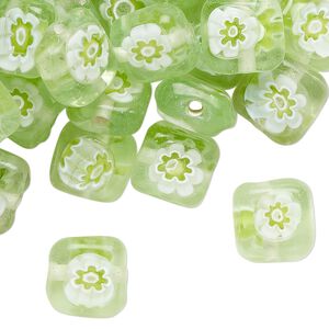 Bead, millefiori glass, translucent spring green and white, 11mm puffed square. Sold per pkg of 50 beads.