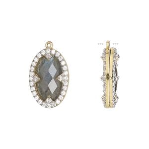 Drop, labradorite (natural) / cubic zirconia / gold-finished sterling silver, clear, 18x12mm double-sided faceted oval. Sold individually.
