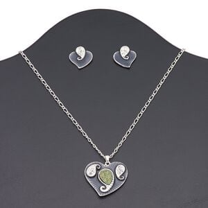 Necklace and earring set, druzy (imitation) / enamel / Czech glass rhinestone / silver-plated brass / "pewter" (zinc-based alloy), dark blue / clear / rainbow, 34x30mm heart, 16 inches with 3-inch extender chain and lobster claw clasp, 20x19mm heart with post. Sold per set.