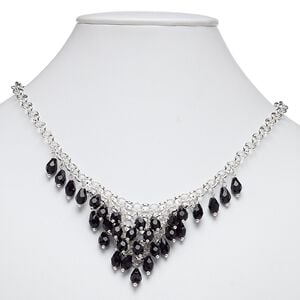 Necklace, glass with silver-plated steel and "pewter" (zinc-based alloy), black, 18 inches with 2-inch extender chain and lobster claw clasp. Sold individually.