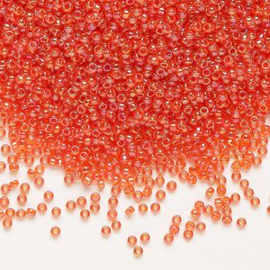 Seed bead, Miyuki, glass, pkg/35g, #15 rocaille, translucent rainbow tangerine (RR-297).