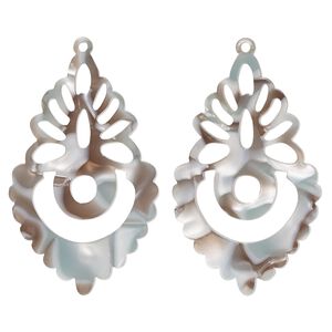 Focal, resin, grey and brown, 50x31mm fancy teardrop. Sold per pkg of 2.