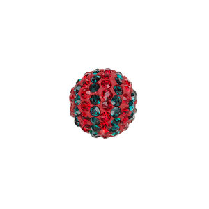 Bead, Egyptian glass rhinestone / epoxy / resin, red and dark green, 14mm round with pav&eacute; striped design. Sold individually.