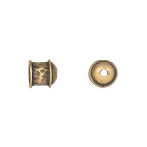 Cord end glue-in 1pkg2 brass, 8.5mm textured / 6mm inside diameter, antiqued