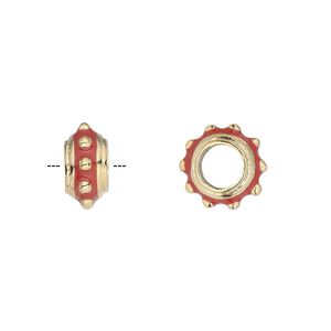 Bead 1pkg1 gold-finished "pewter", 12x6mm rondelle, enamel red Dione&reg;