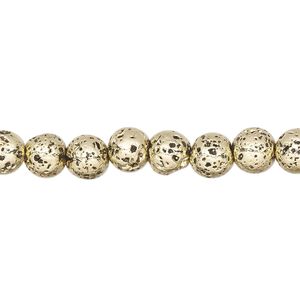 Lava rock 1pkg1, electrocoated round bead, light gold 15.5-16 inch 6-7mm