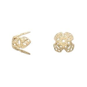 Bead cap, gold-plated brass, 11x10mm long filigree, fits 12-14mm bead. Sold per pkg of 100.