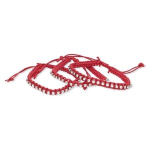 Bracelet, glass rhinestone / waxed cotton cord / silver-plated brass, red and clear, 7mm wide with cupchain, adjustable from 6-1/2 to 9-1/2 inches with macram&eacute; knot closure. Sold per pkg of 3.