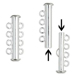 Clasp slide lock 1pkg100 silver-plated, 26x6mm tube, brass 4-strand