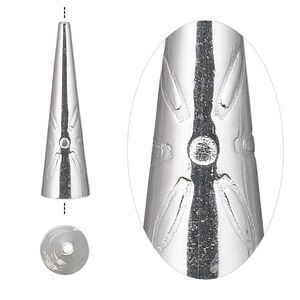 Cone, sterling silver, 25.5x7mm with flower design, 6.5mm inside diameter. Sold per pkg of 6.