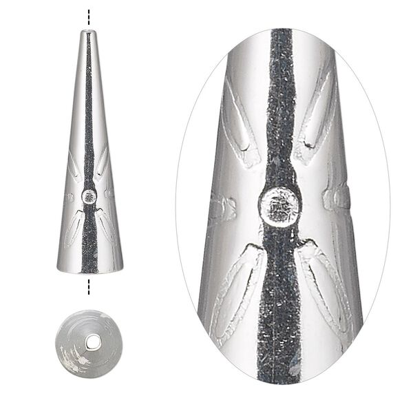 Cone, sterling silver, 25.5x7mm with flower design, 6.5mm inside diameter. Sold per pkg of 6. image number 0