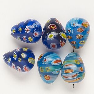 Bead, millefiori glass, translucent blue and multicolored, 14x11mm-15x12mm teardrop. Sold per pkg of 6.