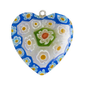 Focal 1pkg1, silver-finished steel / millefiori glass, translucent and transparent multicolored, 32-33mm puffed heart.