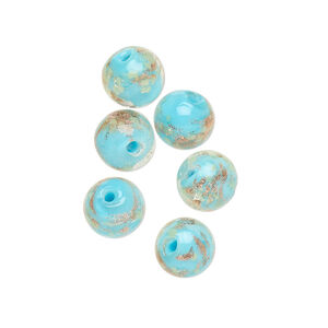 Bead, lampworked glass, clear / light blue / glow-in-the-dark / gold, 8mm round. Sold per pkg of 6.