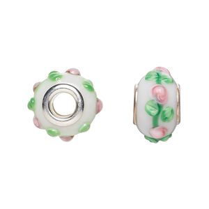 Bead, Dione&reg;, lampworked glass with silver-plated steel grommets, white / pink / green, 14x10mm bumpy rondelle with flowers. Sold per pkg of 6.