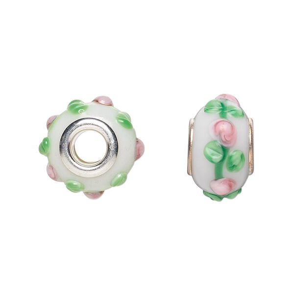Bead, Dione&reg;, lampworked glass with silver-plated steel grommets, white / pink / green, 14x10mm bumpy rondelle with flowers. Sold per pkg of 6. image number 0
