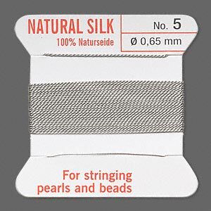 Thread, Griffin, silk, grey, size #5. Sold per 2-meter card (approximately 78 inches).