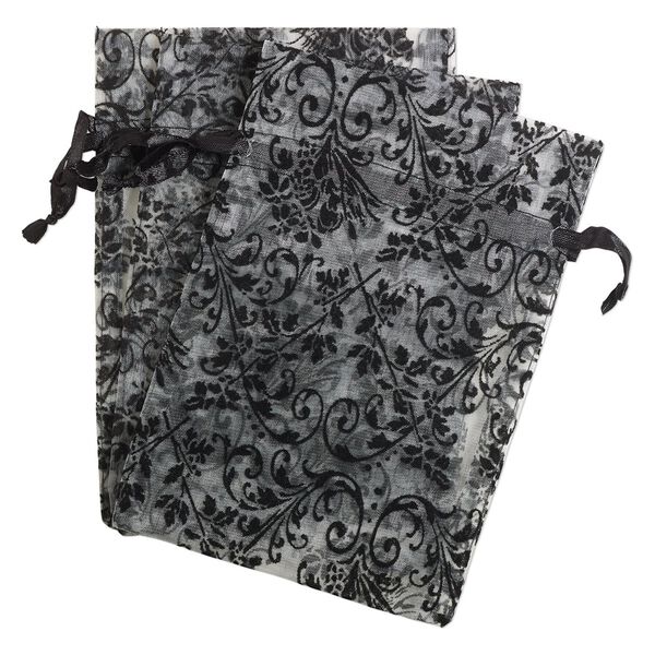 Pouch, satin and flocked organza, grey and black, 7x5-inch rectangle with damask design and drawstring. Sold per pkg of 12. image number 0