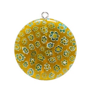 Focal, millefiori glass and silver-finished steel 1pkg1, translucent aqua blue and multicolored, 30mm puffed flat round.