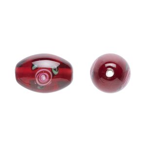 Bead, Czech lampworked glass, opaque red / pink / green, 15x10mm-16x11mm olive with flower design. Sold per pkg of 2.