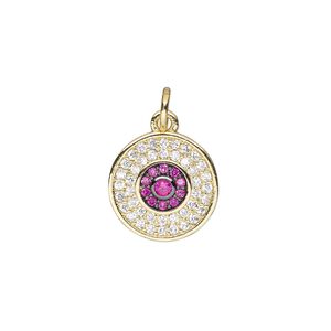 Drop, cubic zirconia and gold-finished brass, clear and pink, 12.5mm single-sided round with 5mm open jump ring. Sold individually.