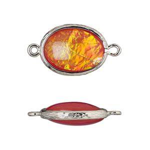 Link, Opalized Ice&trade;, "opal" (resin) and imitation rhodium-finished brass, opaque orange, 20x15mm double-sided oval. Sold per pkg of 4.