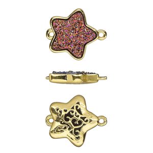 Link, Druzylite&trade;, "druzy" (resin) and gold-finished brass, metallic purple, 15x14mm two-sided star with open filigree back. Sold per pkg of 4.