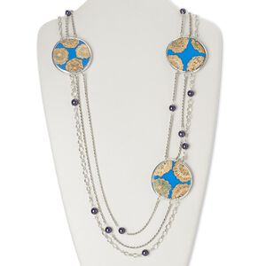 Necklace, wood (dyed) / resin / glass pearl / antiqued silver-finished aluminum / brass / steel, dark purple and turquoise blue, 49mm flat round, 33 inches with 2-inch extender chain and lobster claw clasp. Sold individually.