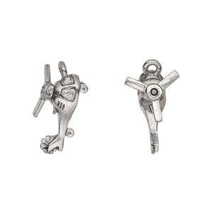 Charm, antiqued pewter (tin-based alloy), 18x8mm helicopter with moveable blades. Sold per pkg of 2.