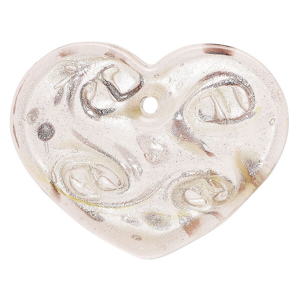 Focal, lampworked glass 1pkg1, transparent pink / dark purple / clear with copper-colored glitter and silver-colored foil, 47x37mm top-drilled single-sided flat heart. image number 0