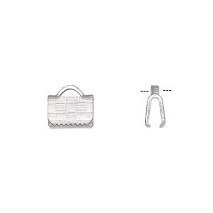 Ribbon crimp end 1pkg100 silver-plated, 8x5mm textured rectangle, brass