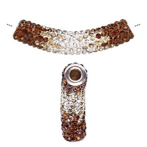 Bead 1pkg1 silver-plated, 47x9mm curved tube, brass / resin / glass rhinestone / multicolored Dione&reg;