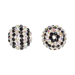 Bead, Egyptian glass rhinestone / epoxy / resin, white / black / clear AB, 14mm round with pav&eacute; striped design. Sold individually.